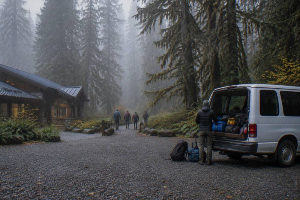 A guided tour group gathered near a van at a misty rainforest trailhead